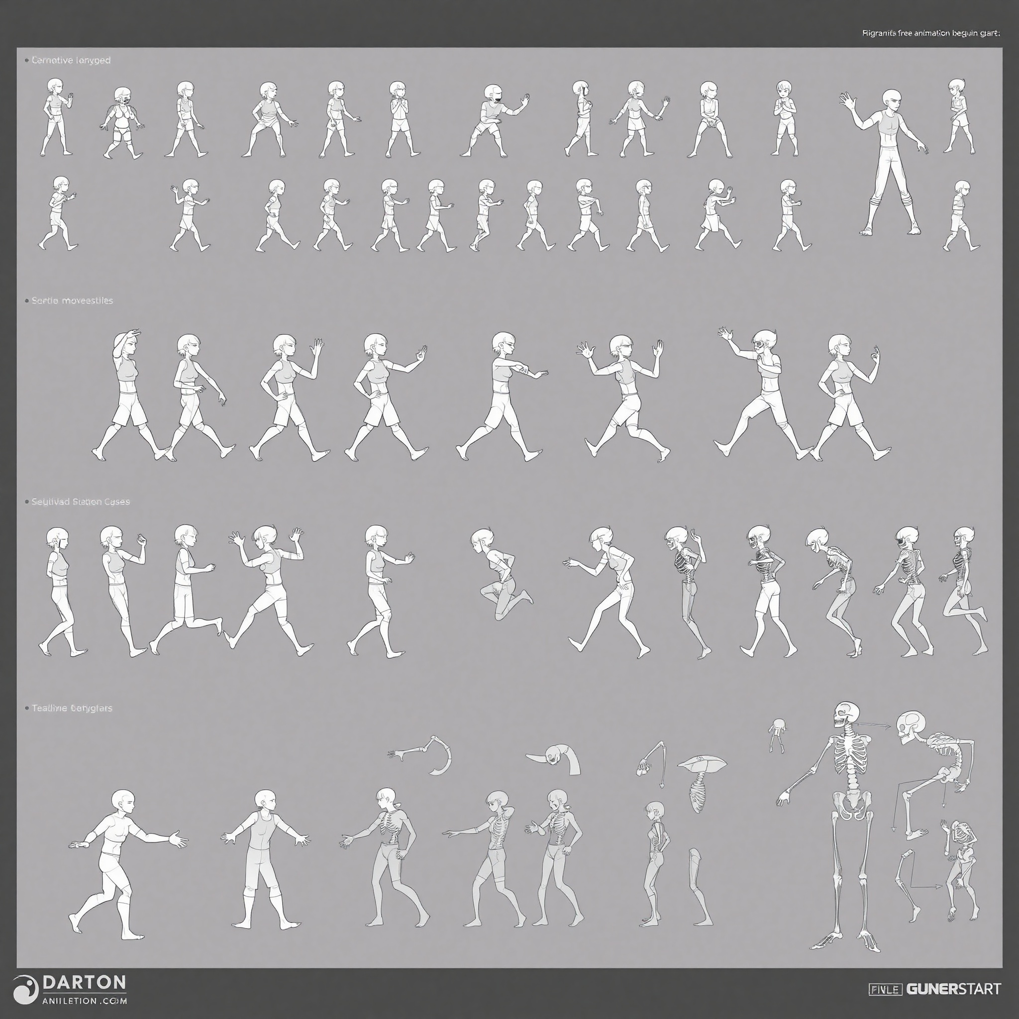 Demostración de proceso de animación de personaje de videojuego con múltiples fotogramas de movimiento y expresión