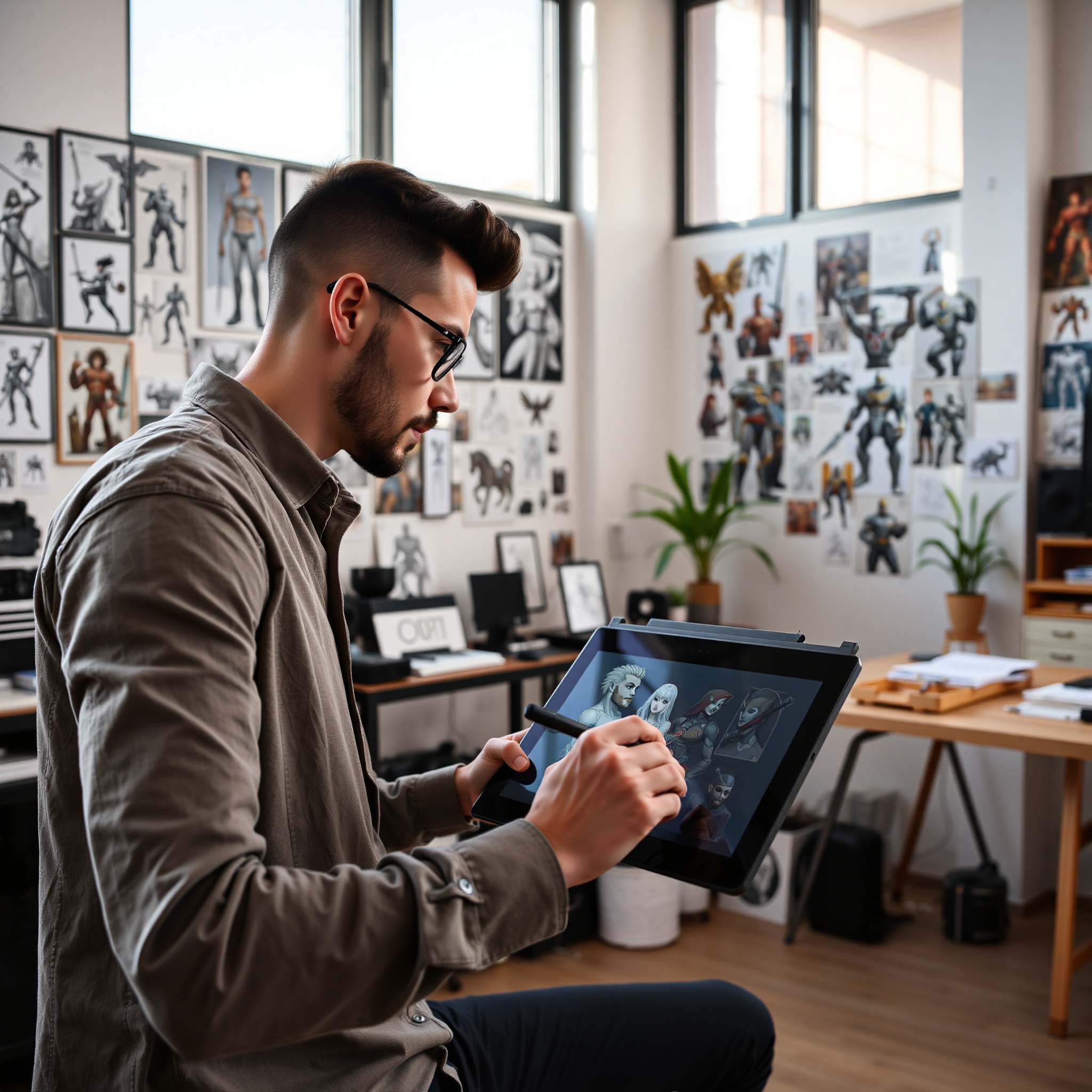Artista profesional dibujando personajes de videojuegos en tableta gráfica con software de diseño
