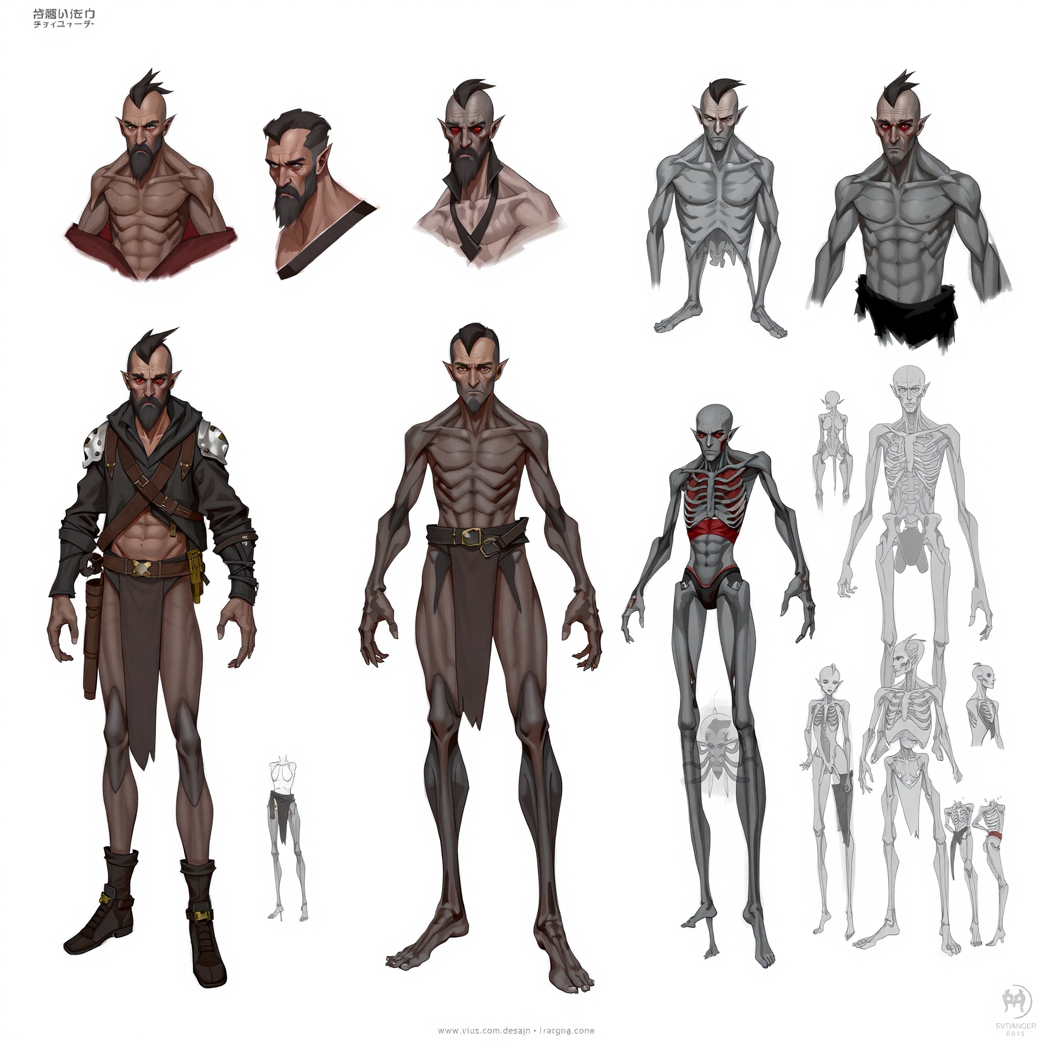 Ilustración de concepto de personaje digital con múltiples variaciones de diseño y estudios anatómicos