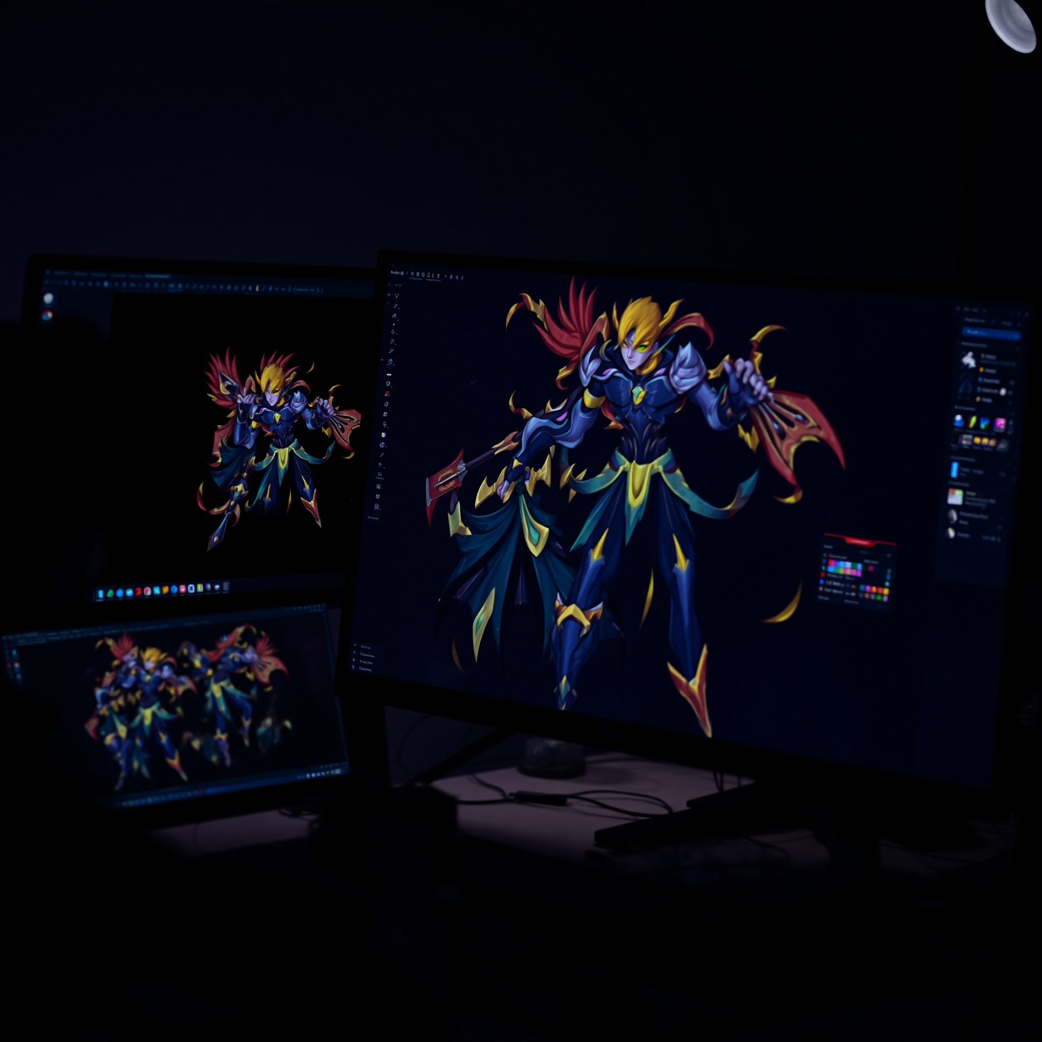 Pantalla de computadora mostrando software de ilustración profesional con personaje de videojuego en proceso de creación