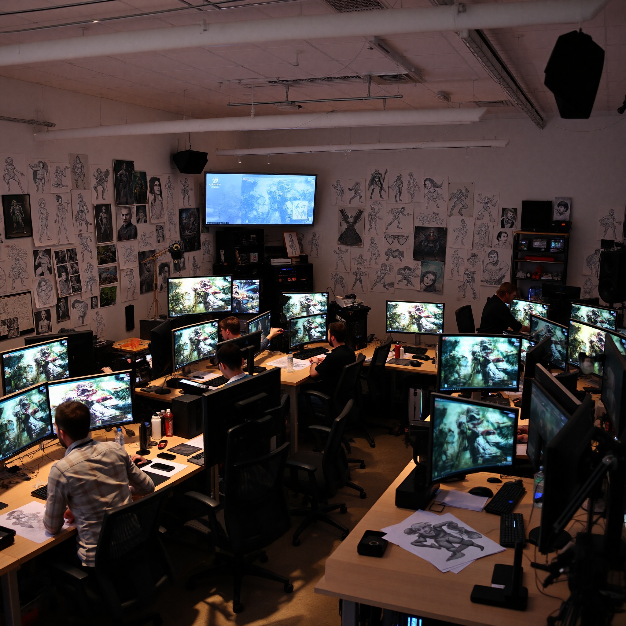 Ambiente de estudio profesional de diseño digital con múltiples artistas trabajando colaborativamente en proyectos de videojuegos