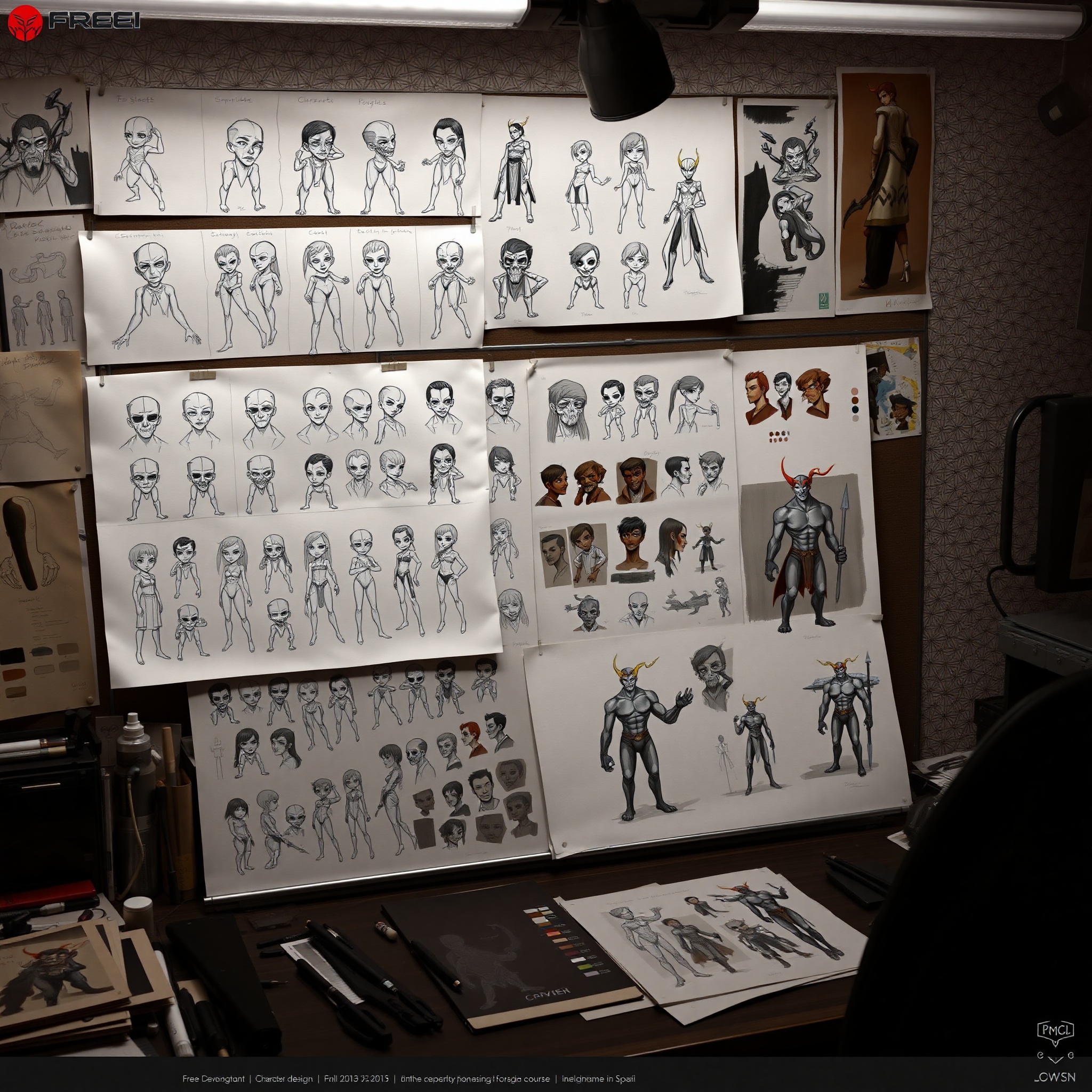 Proceso de desarrollo conceptual con bocetos múltiples y refinamiento