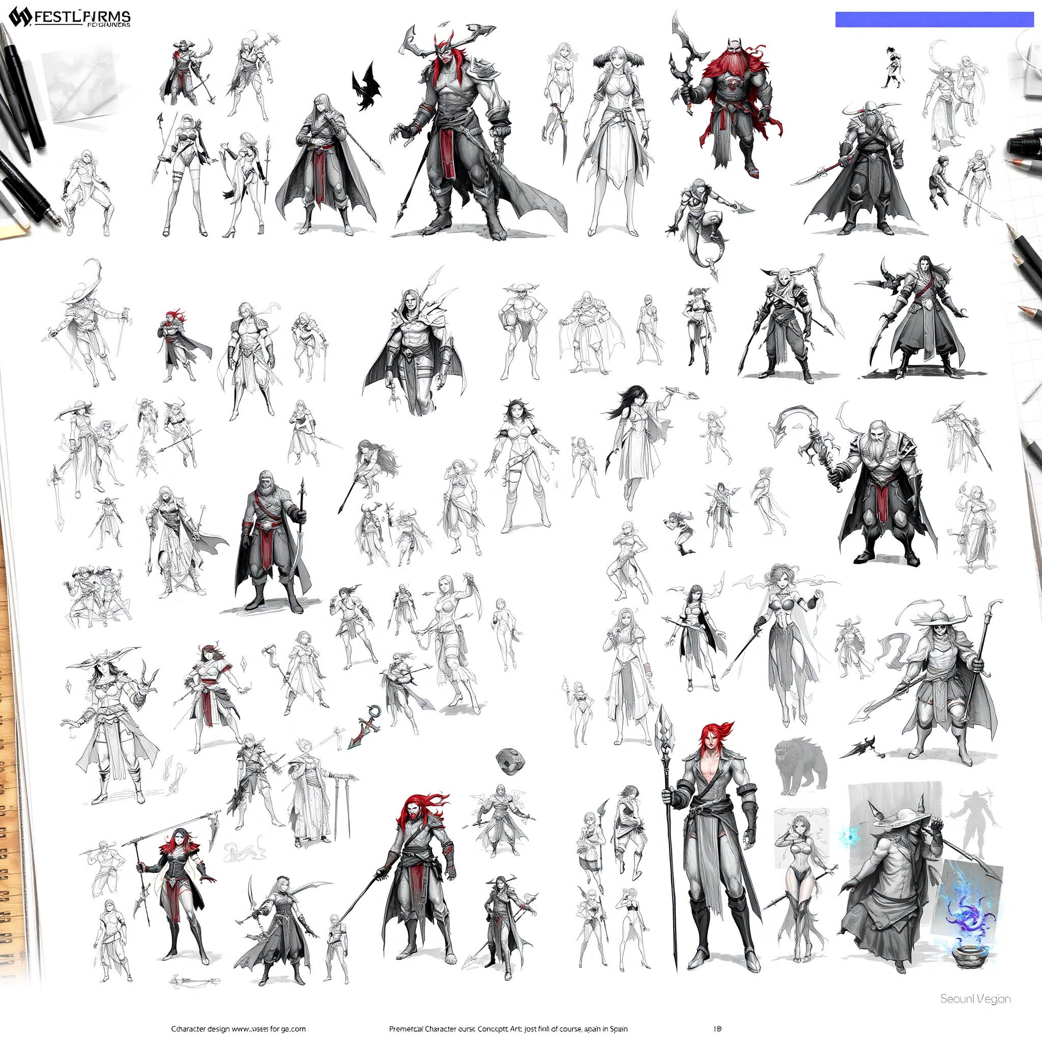 Tablero de conceptos con múltiples estudios de diseño de personajes fantásticos en diferentes estilos artísticos