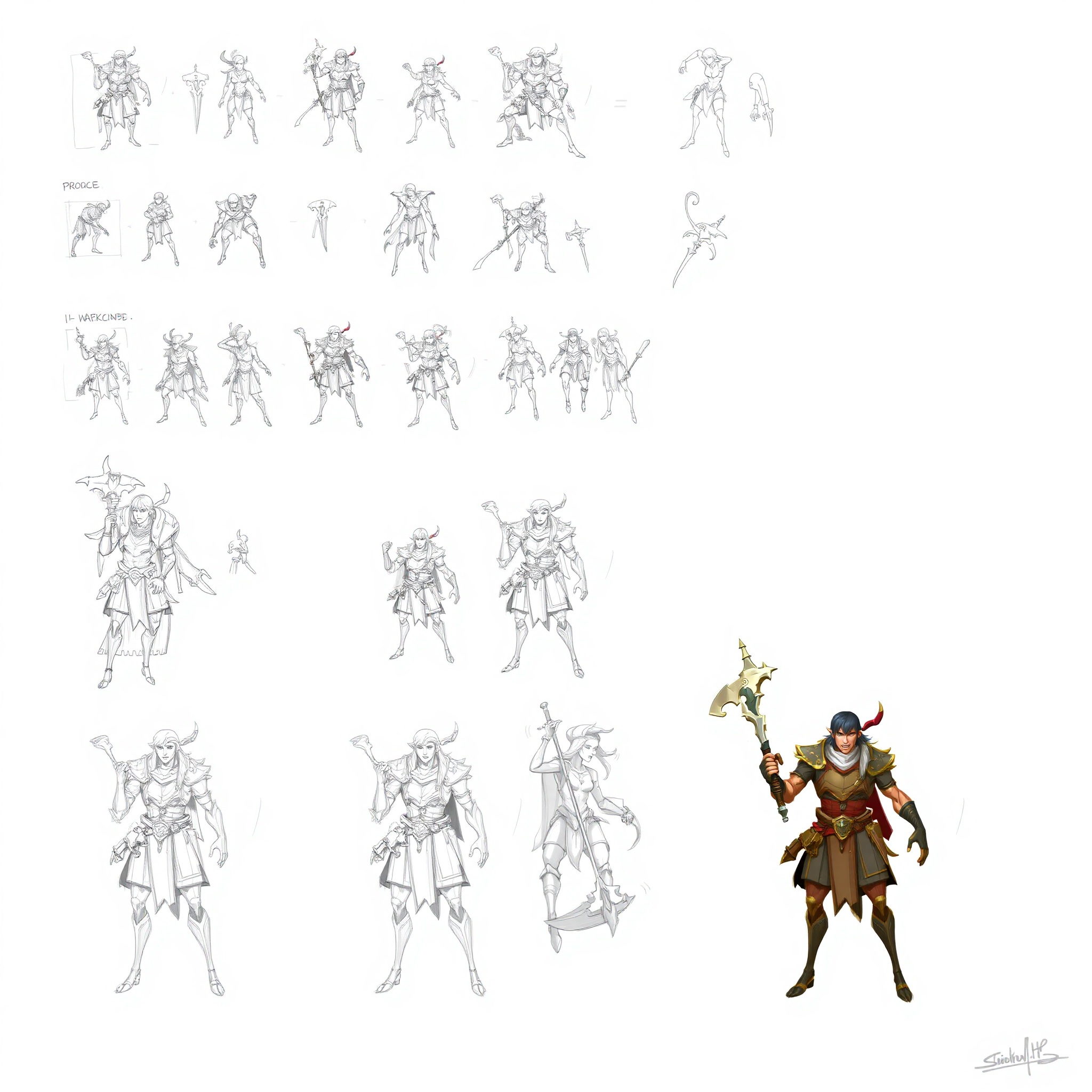 Proceso de creación de arte conceptual mostrando bosquejos iniciales evolucionando hacia ilustración digital refinada