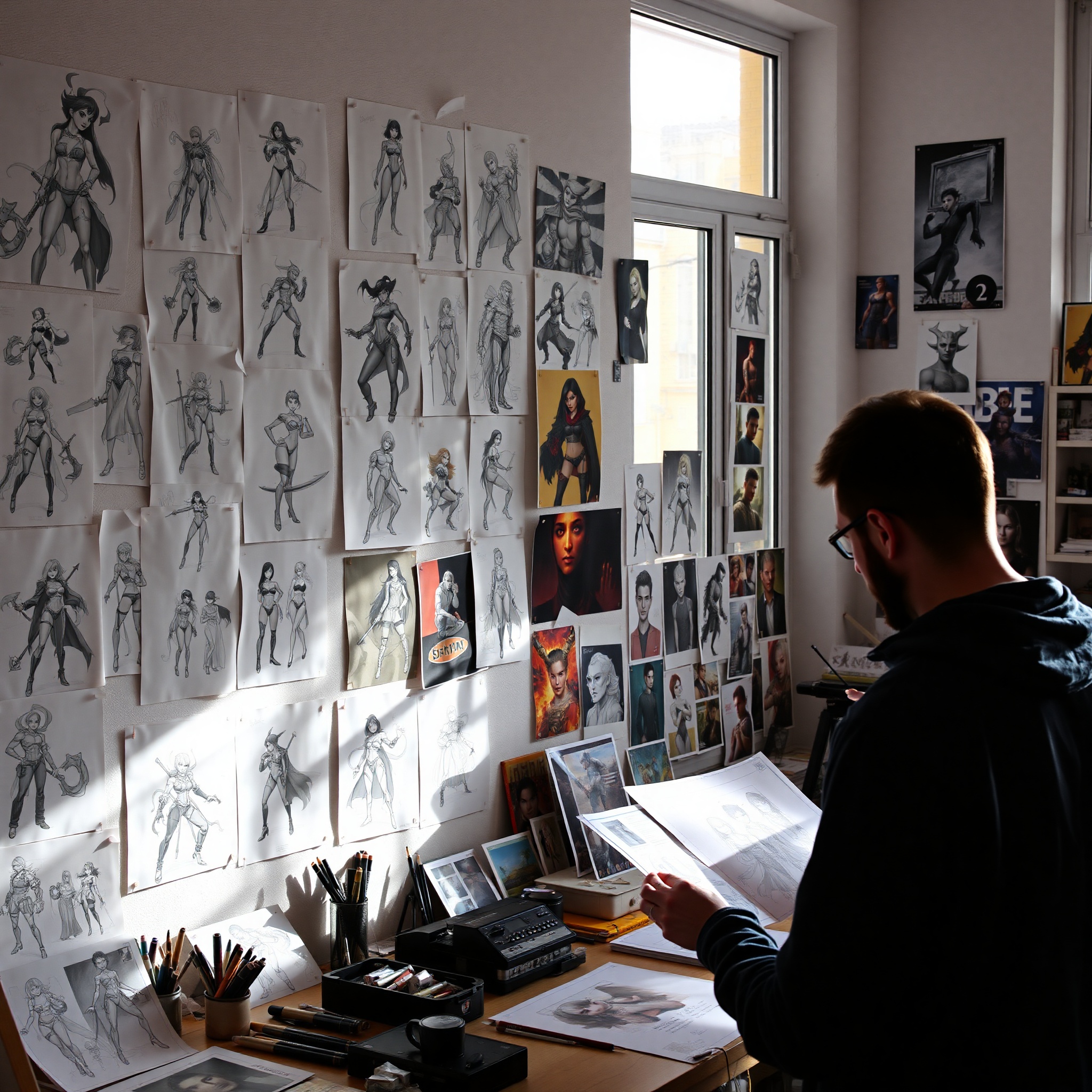 Tablero de conceptos con múltiples estudios de diseño de personajes fantásticos en diferentes estilos artísticos