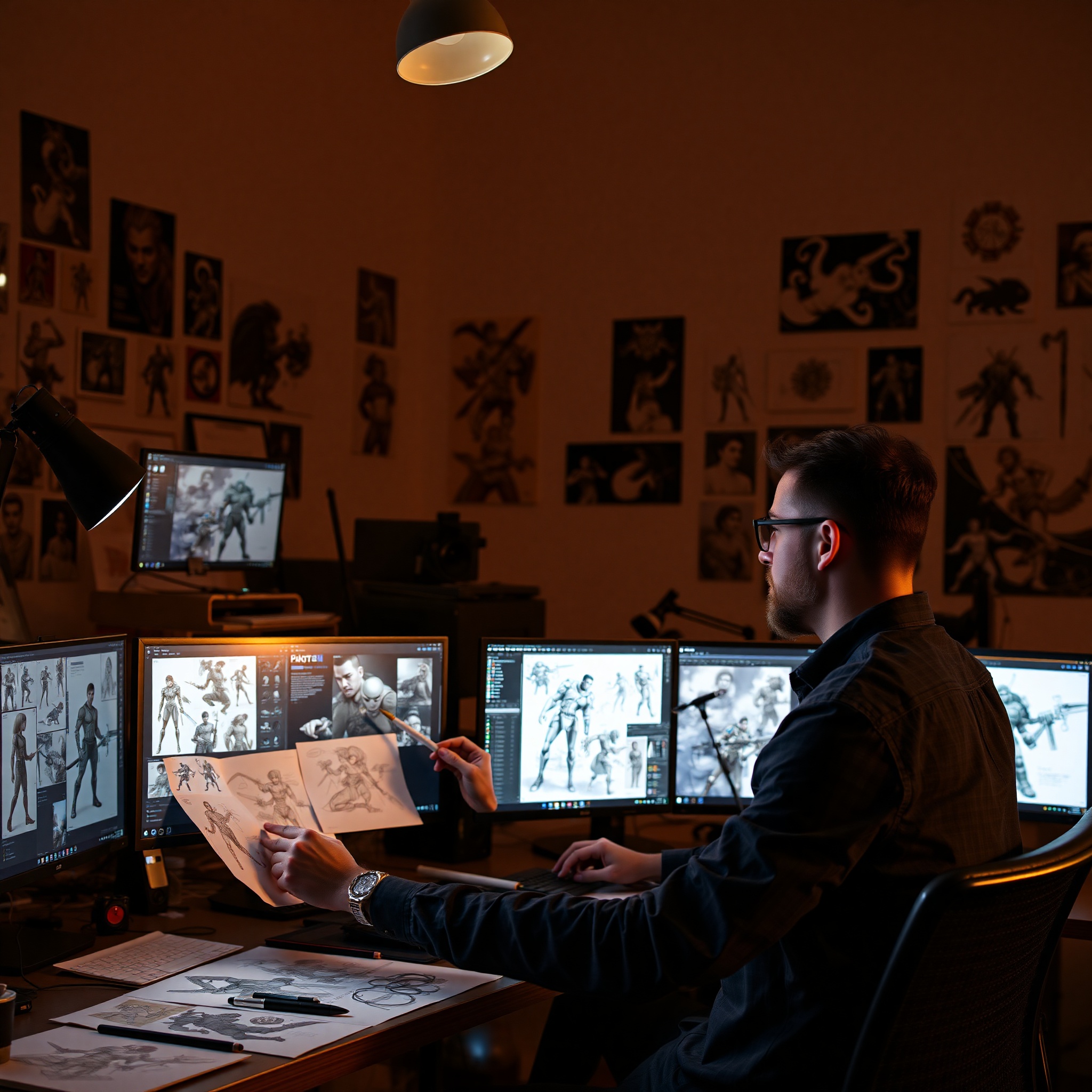 Proceso de arte conceptual desde idea inicial hasta diseño visual refinado