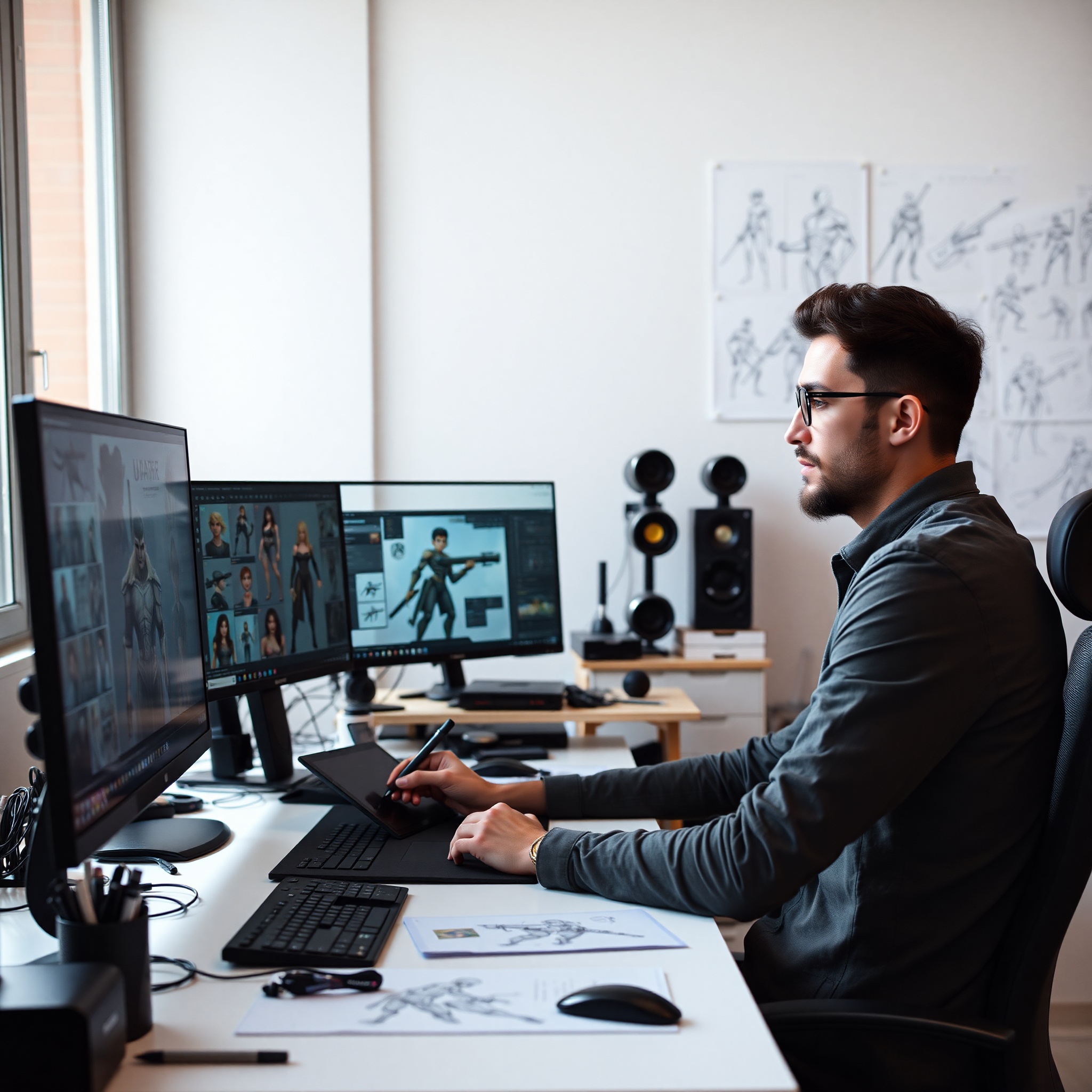 Artista profesional dibujando personajes de videojuegos en tableta gráfica con software de diseño