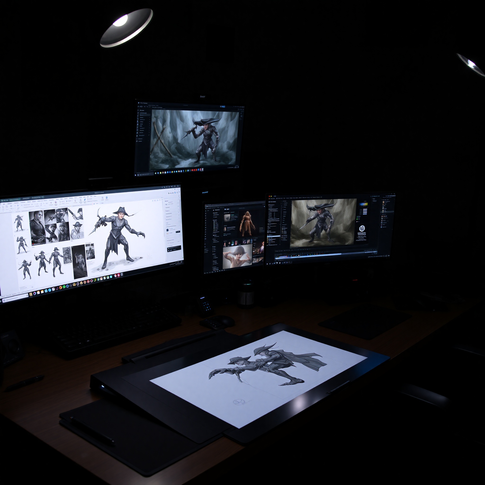 Estación de trabajo de ilustrador digital mostrando tableta digitalizadora, monitor con software de ilustración abierto