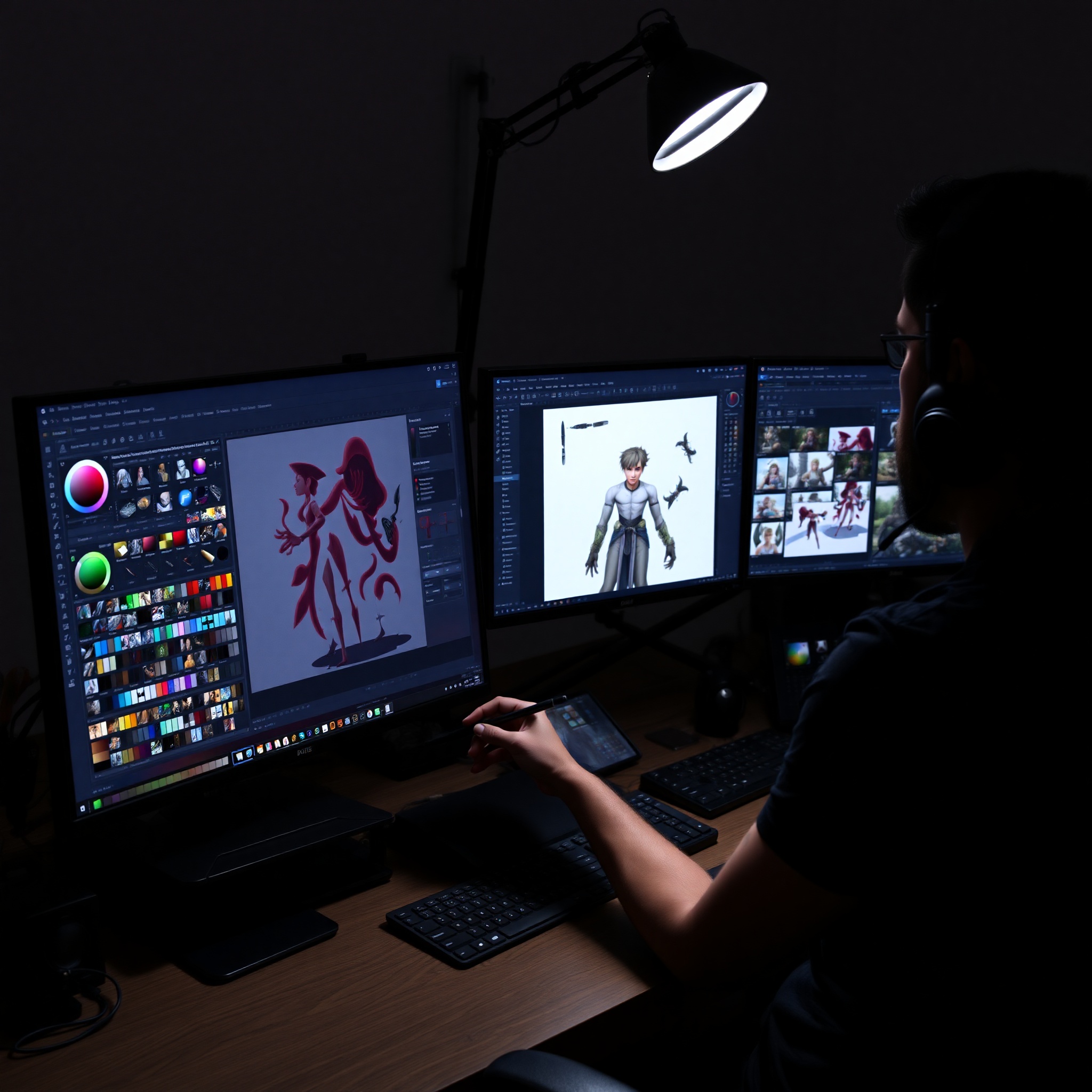 Pantalla de computadora mostrando software de ilustración profesional con personaje de videojuego en proceso de creación