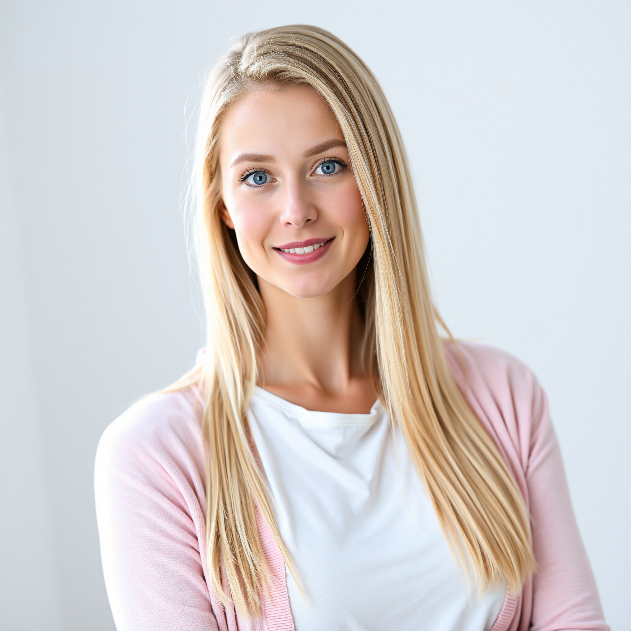 Mujer joven de 26 años, cabello rubio claro largo liso, ojos azules claros, usando top blanco con cardigan rosa pastel, ambiente de estudio creativo, luz natural suave