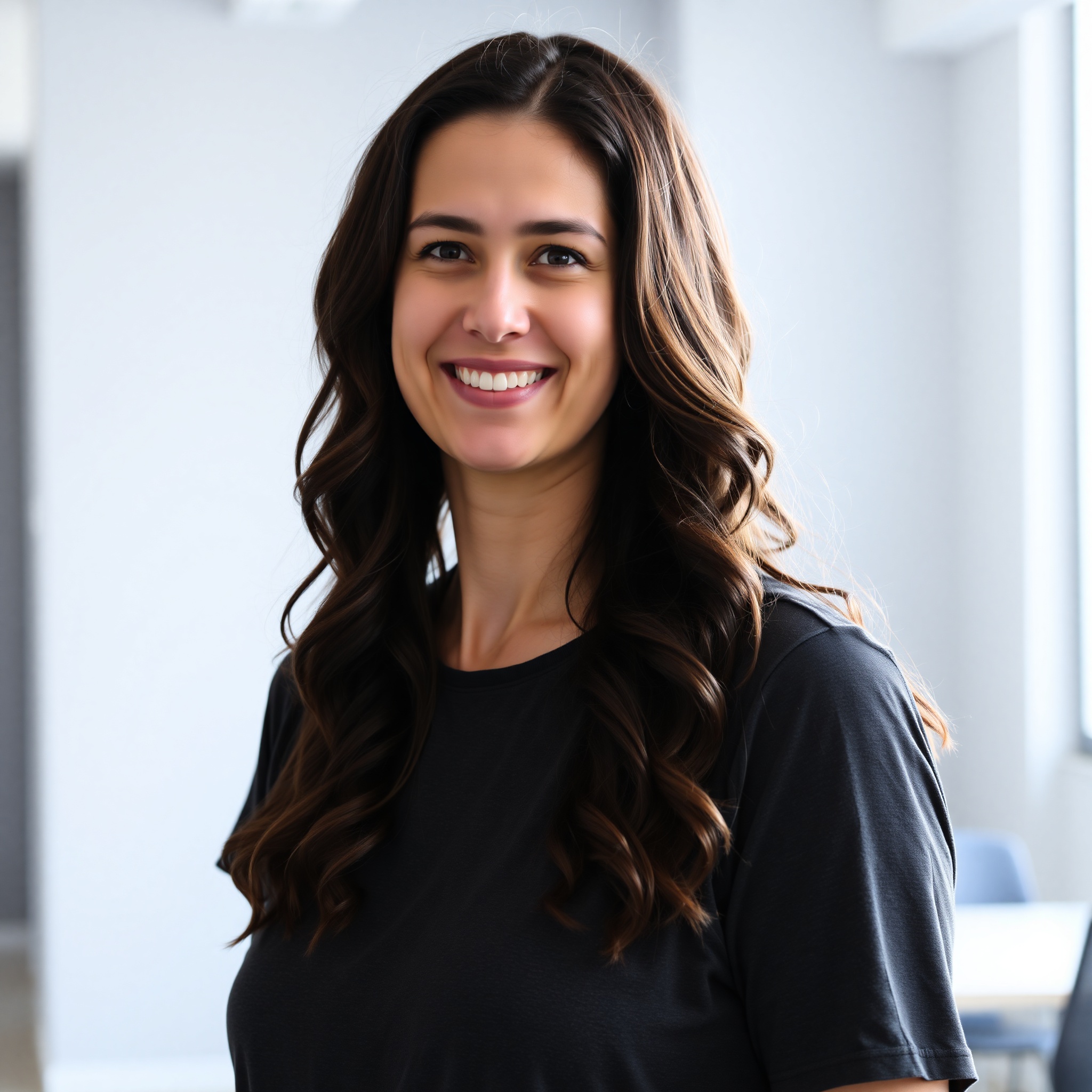 Mujer joven profesional de 28 años, cabello castaño oscuro ondulado hasta los hombros, usando camiseta gris oscuro, sonriendo ante la cámara, oficina moderna con luz natural de fondo