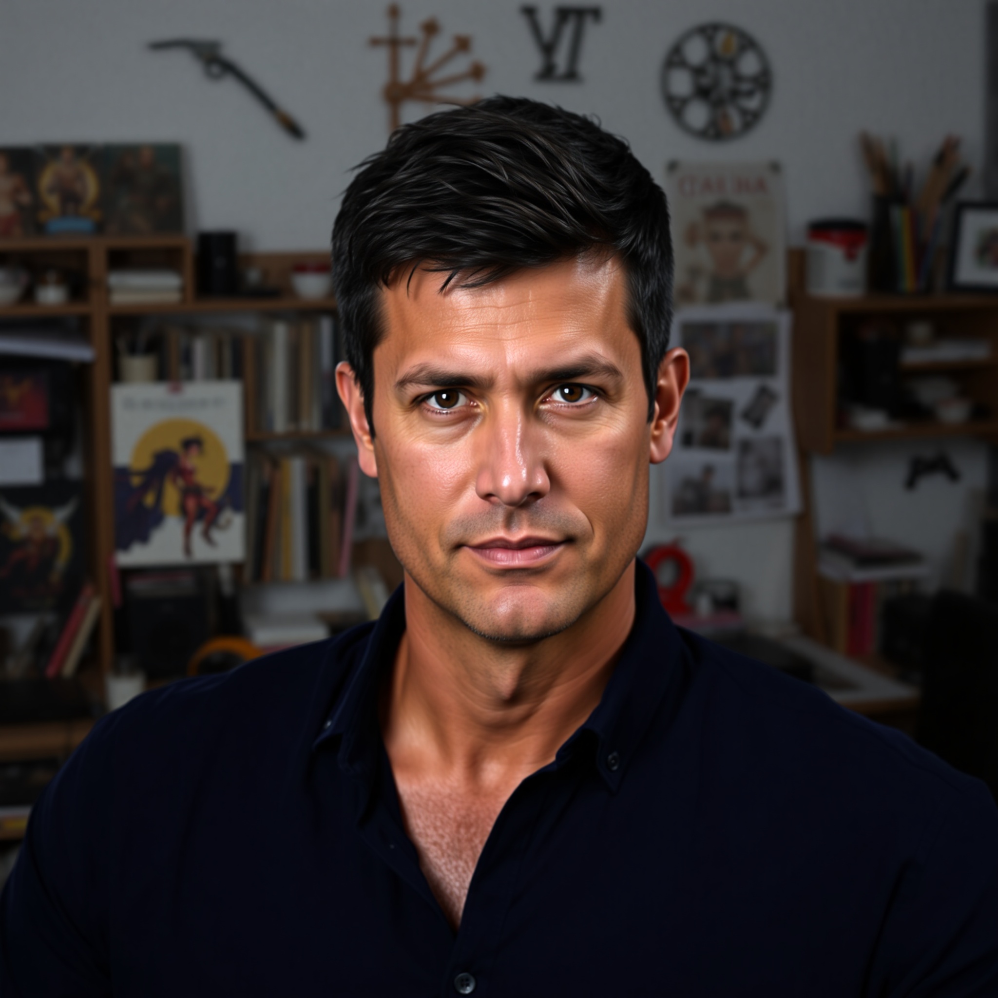 Hombre de 35 años, cabello negro corto, piel bronceada, usando camisa azul marino, expresión seria y confiada, estudio de arte con herramientas digitales detrás